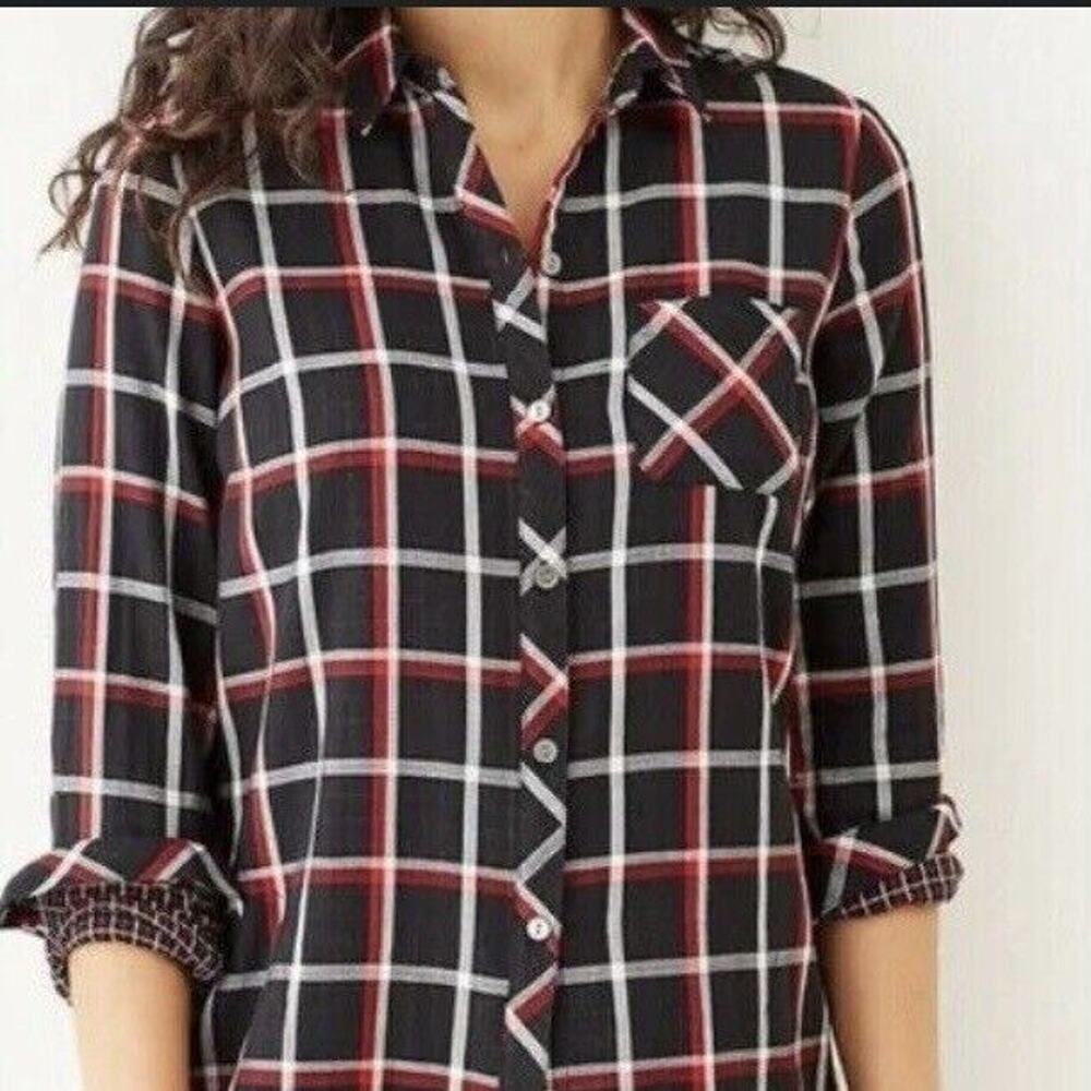J.Jill Shirt Size Small Black Red Plaid Button Up Roll Tab Tunic Pocket Shacket